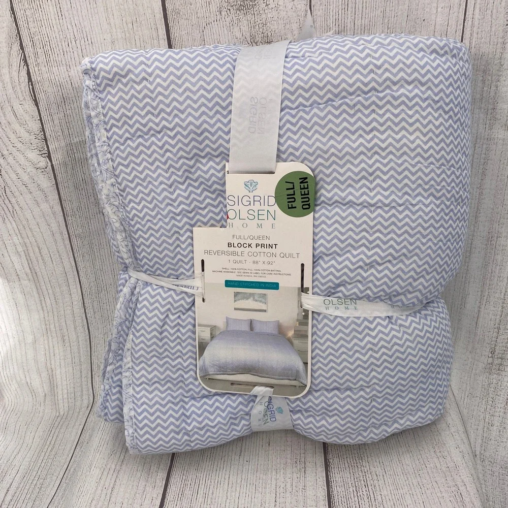 Sigrid Olsen Home Reversible Quilt Full/Queen Blue Chevron Block Print Cotton